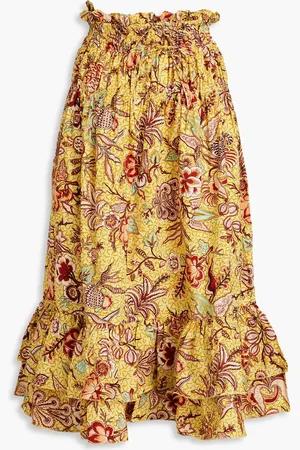 ULLA JOHNSON Acacia ruffled floral-print cotton-poplin midi skirt - Yellow - US 2