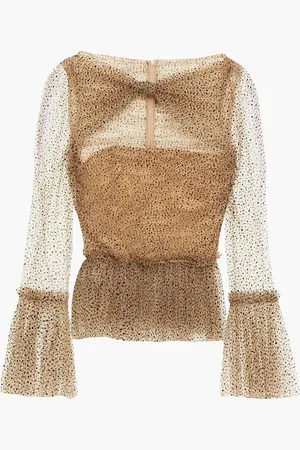 Khaite Joey cutout flocked glittered tulle peplum blouse - Neutral - US 10
