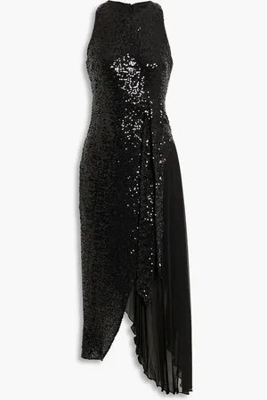 Badgley Mischka Asymmetric crepe de chine-paneled sequined tulle midi dress - - US 4