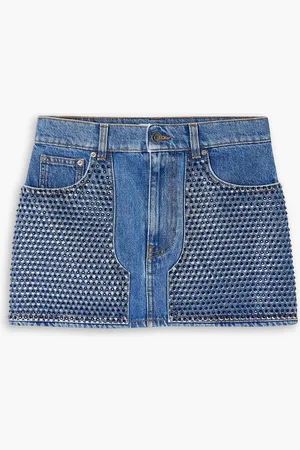 AREA Crystal-embellished printed denim mini skirt - Blue - 25