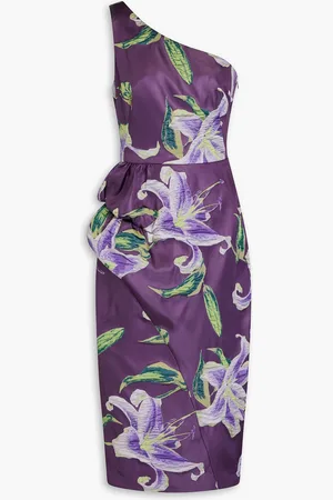 Marchesa Notte One-shoulder draped floral-jacquard midi dress - - US 6