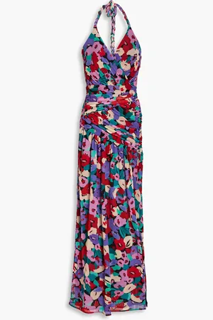 Nicholas Ruched printed stretch-mesh halterneck midi dress - - US 4