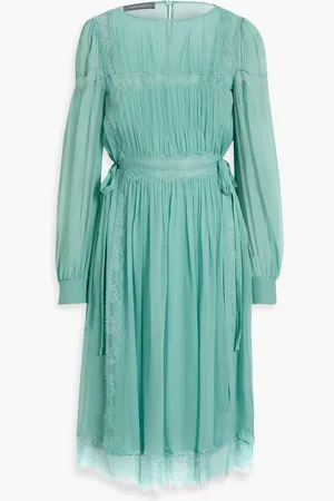 Alberta Ferretti Lace-trimmed gathered silk-chiffon dress - Green - IT 38