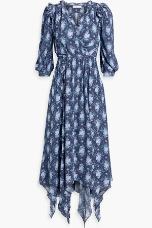 LOVESHACKFANCY Milton wrap-effect ruffled printed crepe dress - Blue - XXS