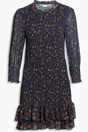 VERONICA BEARD Farha shirred floral-print crepe de chine mini dress - Blue - US 6