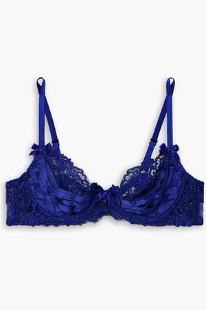 Agent Provocateur Dioni stretch-silk satin-trimmed embellished lace underwired bra - Blue - 32 C