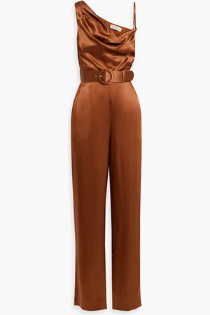 Nicholas Asymmetric belted silk-satin wide-leg jumpsuit - Brown - US 0