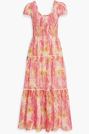 LOVESHACKFANCY Elisabelle shirred floral-print cotton and silk-blend maxi dress - Orange - XXS