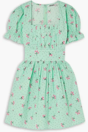 BATSHEVA Popham pintucked floral-print cotton-poplin mini dress - Green - US 10