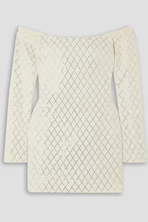 Khaite Octavia off-the-shoulder crystal-embellished wool-crepe mini dress - White - M