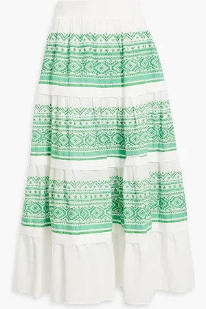 Maje Tiered embroidered cotton-jacquard midi skirt - Green - FR 38