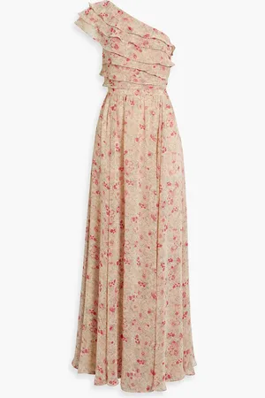 MIKAEL AGHAL One-shoulder ruffled floral-print chiffon maxi dress - Neutral - US 4