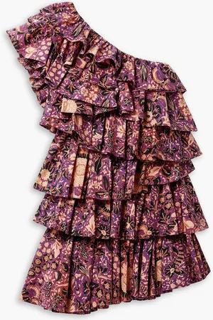 ULLA JOHNSON Naomi one-shoulder ruffled floral-print cotton-poplin mini dress - Purple - US 2
