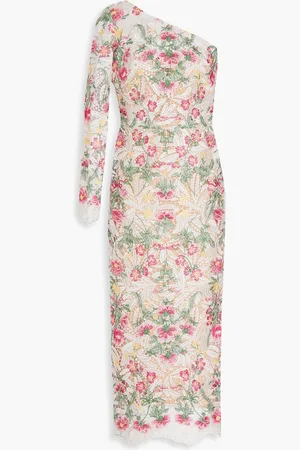 Marchesa Notte One-sleeve embroidered macramé lace midi dress - - US 8