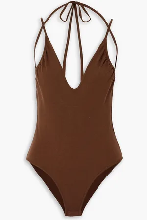 Zeynep Arcay Tie-detailed gathered stretch-knit bodysuit - Brown - US 8