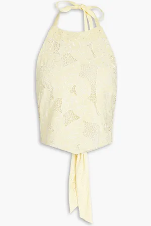 LOVESHACKFANCY Omi cropped broderie anglaise-paneled macramé lace halterneck top - Yellow - L