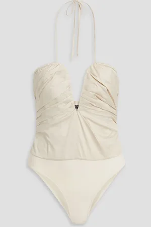 Zeynep Arcay Ruched cotton-blend poplin and stretch-jersey halterneck bodysuit - White - US 2