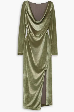 Helmut Lang Asymmetric draped stretch-velvet midi dress - Green - XS