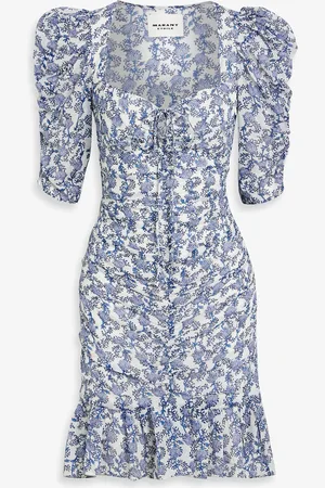 Marant Etoile Galdino ruched printed cotton-voile mini dress - Blue - FR 34