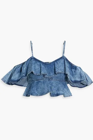Marant Etoile Voloteo cropped cold-shoulder ruffled denim top - Blue - FR 42