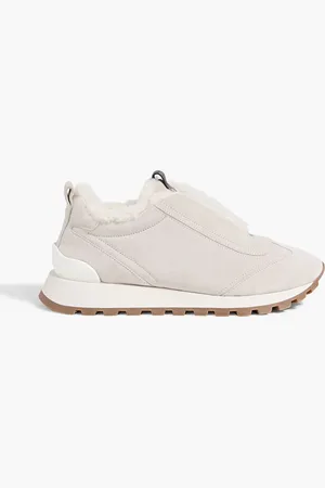 Brunello Cucinelli Shearling-lined bead-embellished suede slip-on sneakers - Gray - EU 38