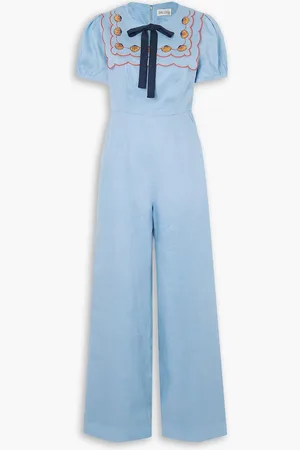 SALONI Marlowe bow-detailed embellished linen jumpsuit - Blue - UK 6