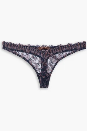 Coco De Mer Odonata scalloped embroidered metallic tulle thong - Blue - S