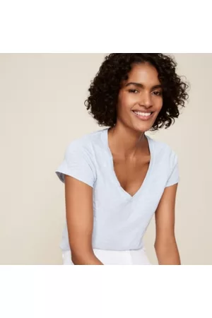 The White Company Women T-shirts - Organic-Cotton Slub V-Neck T-Shirt, Linen Blue, 6