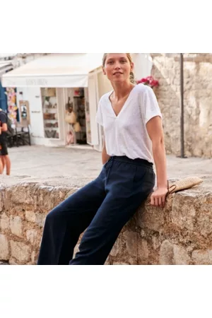 The White Company Women Straight Leg Pants - Rib-Trim Linen Straight-Leg Trousers, , 10