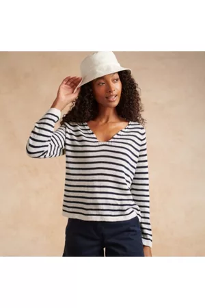 The White Company Sweaters - Linen V-Neck Stripe Jumper, , 6