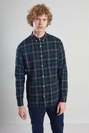 L'exception Paris Men Casual Shirts - Navy and Green Chequered Flannel Shirt