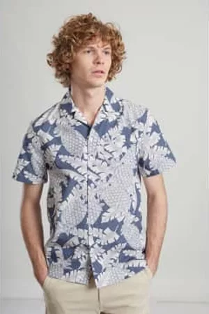 L'exception Paris Men Short sleeved Shirts - Navy and Grey Printed Short Sleeve Shirt In Japanese Cotton