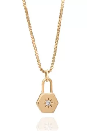 Rachel Jackson Women Necklaces - Solid Gold Star Set Diamond Hexagon Padlock Necklace
