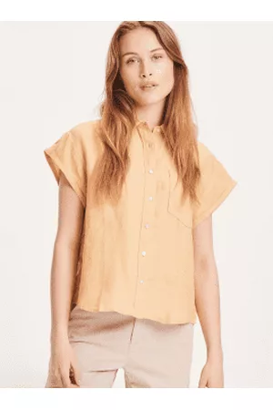 Knowledge Cotton Apparal Women Short sleeved Shirts - 900005 Aster Fold Up Short Sleeve Linen Shirt Clay