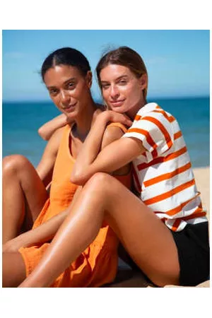 beaumont Women T-Shirts - Ss23 Sarita-sue Organic Cotton Stripe T-shirt In & Sunset Orange Stripe