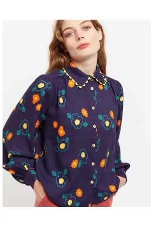 Lilac Rose Women Blouses - Louche Olena Clarice Floral Print Ric Rac Trimmed Blouse In Navy