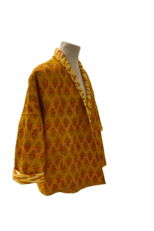 Behotribe & Nekewlam Women Floral Jackets - Kantha Jacket Cotton Block Printed Ocher Floral