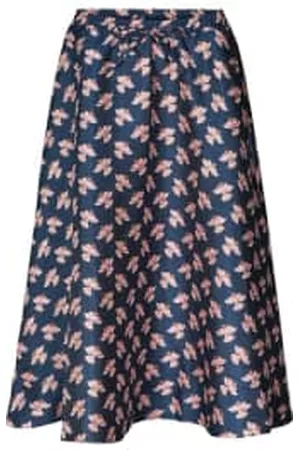 Lollys Laundry Women Printed Skirts - Bristol Midi Skirt In Teal Blue With Pale Pink Bird Print