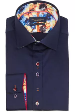Guide London Men Long Sleeved Shirts - Cut Away Collar Shirt With Contrast Sunflower Trim - Navy