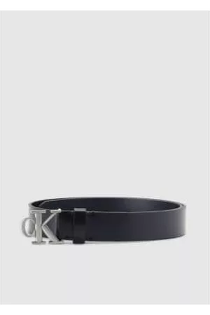 Calvin Klein Women Belts - Womens Silver Logo Leather Belt In Black - 90cm