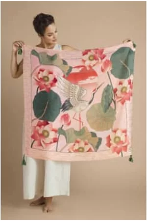 Pink Powder Women Scarves - Petal Crane At Sunrise Silk Scarf