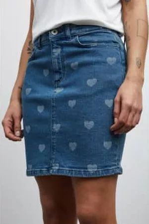 Ichi Women Printed Skirts - Denim Skirt With Heart Print