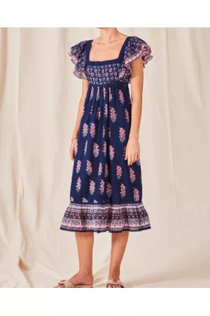 M.A.B.E Women Printed & Patterned Dresses - Flori Print Indigo Midi Dress