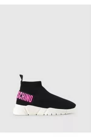 Love Moschino Women Sneakers - Womens Low Top Sock Runners With Neon Logo In Black W/Fuchsia