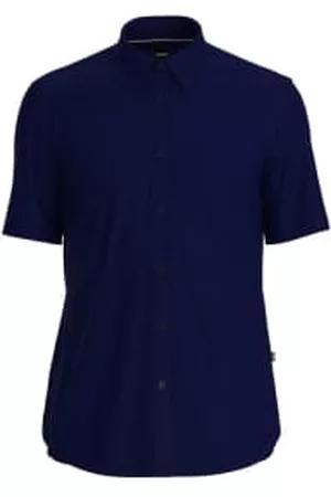 HUGO BOSS Men Short sleeved Shirts - Dark Stretch Linen Slim Fit Short Sleeves Shirt
