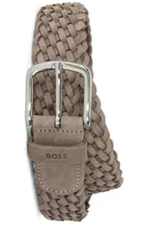 HUGO BOSS Men Belts - Sash Khaki and Beige Woven Suede Belt with Polished Buckle