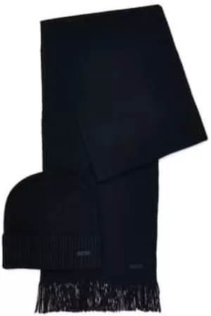 HUGO BOSS Men Winter Scarves - Dark Wool Cashmere Blend Hat and Scarf Boxed Set