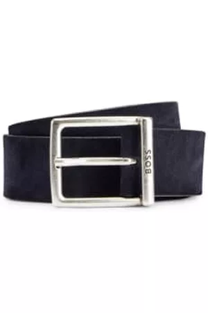 HUGO BOSS Men Belts - Dark Boss Logo Engraved Suede Belt with Silver Square Buckle
