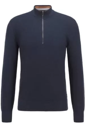 HUGO BOSS Men Sweaters - Ebrando Dark Textured Cotton Quarter Zip Sweater