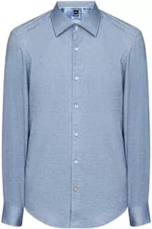HUGO BOSS Men Casual Shirts - Dark Cotton and Linen Casual Fit Shirt